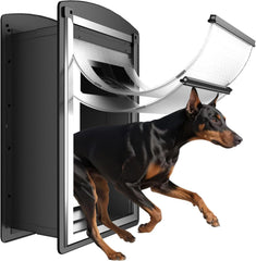 ClawJaw XL dog door wall front view with metal frame and double flaps