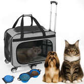 Clements Industries XL Cat & Small Dog Carrier outer view with six oversized wheels for smooth rides.