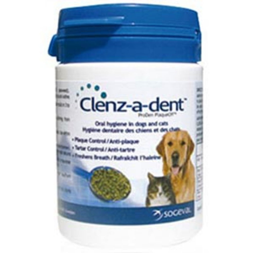 Clenz A Dent Food Additive bottle shows a convenient way to fight plaque and bad breath.