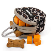 Cleverpup Snackpack leopard front view with dual insulated compartments for treats