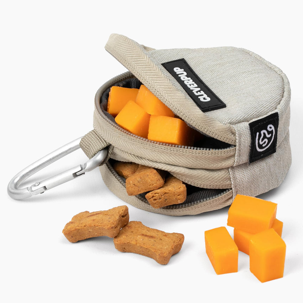 Cleverpup Snackpack double insulated treat pouch in sand keeps rewards fresh during outings.