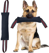 Clysoru tug toy with two red band handles for durable tug-of-war play.
