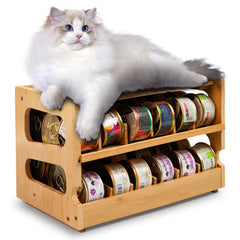 Coanto bamboo cat food organizer front view highlights neat storage for quick-can access.