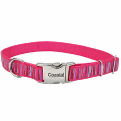 Coastal Ribbon Adjustable Dog Collar with metal buckle, pink flamingo stripe, durable for daily wear.