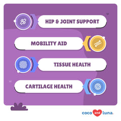 Coco and Luna glucosamine tablets close-up help preserve joint integrity.