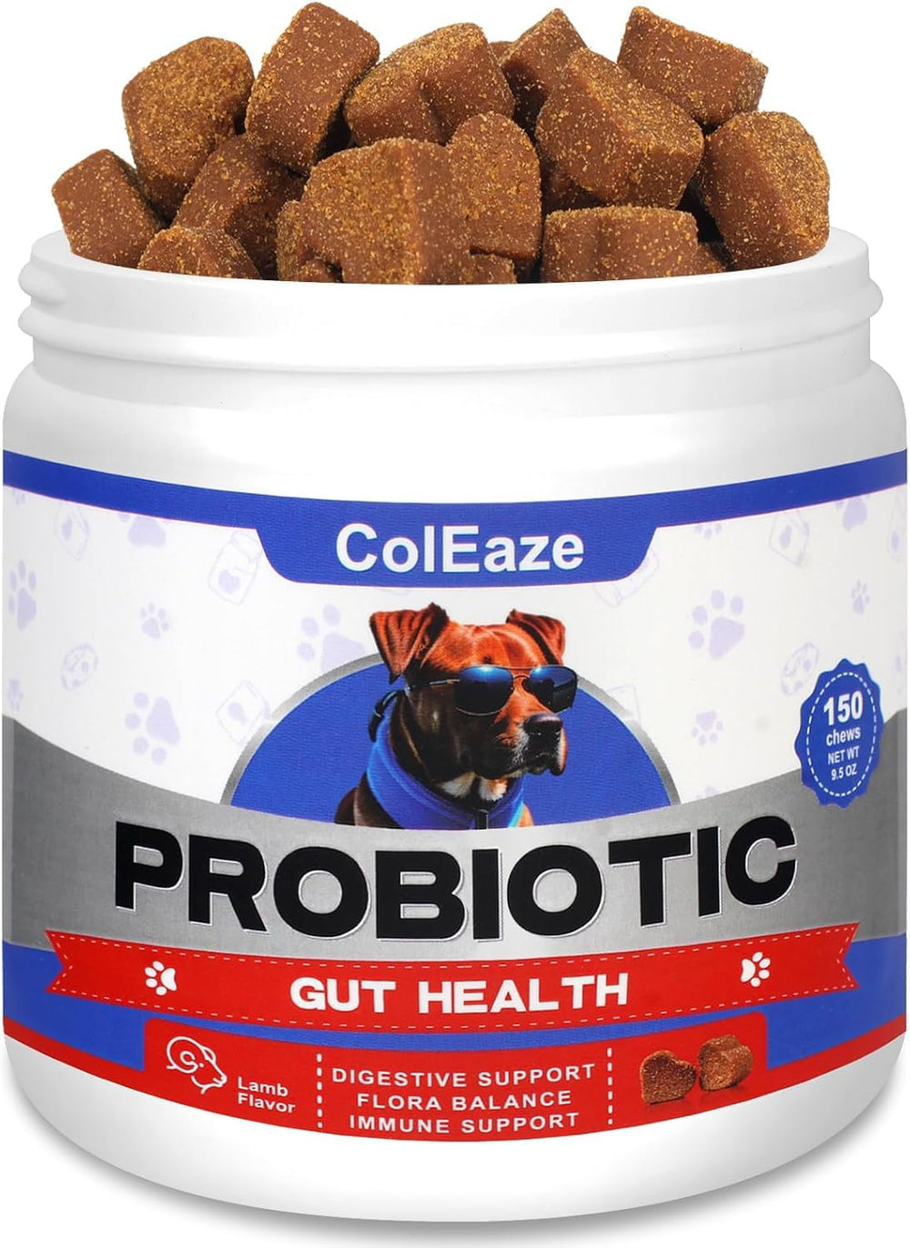 ColEaze Probiotics for Dogs Chews Lamb Flavor bottle supports gut balance.