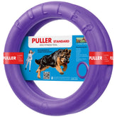 COLLAR PULLER outdoor dog ring toy closeup shows soft, safe material for chewing.
