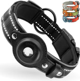 CollarDirect AirTag dog collar in black with reflective stitching for safer night walks.