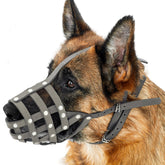 CollarDirect grey leather basket muzzle on a medium dog for secure comfort.
