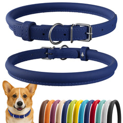 CollarDirect rolled leather collar closeup highlights soft texture ideal for long-haired dogs