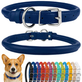 CollarDirect rolled leather collar in deep blue textured side view for smooth grooming