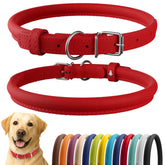 CollarDirect rolled leather collar in red smooth close-up showing soft comfort for long-haired dogs.