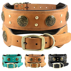 Comfluxe leather dog collar padded interior enhances comfort during long walks