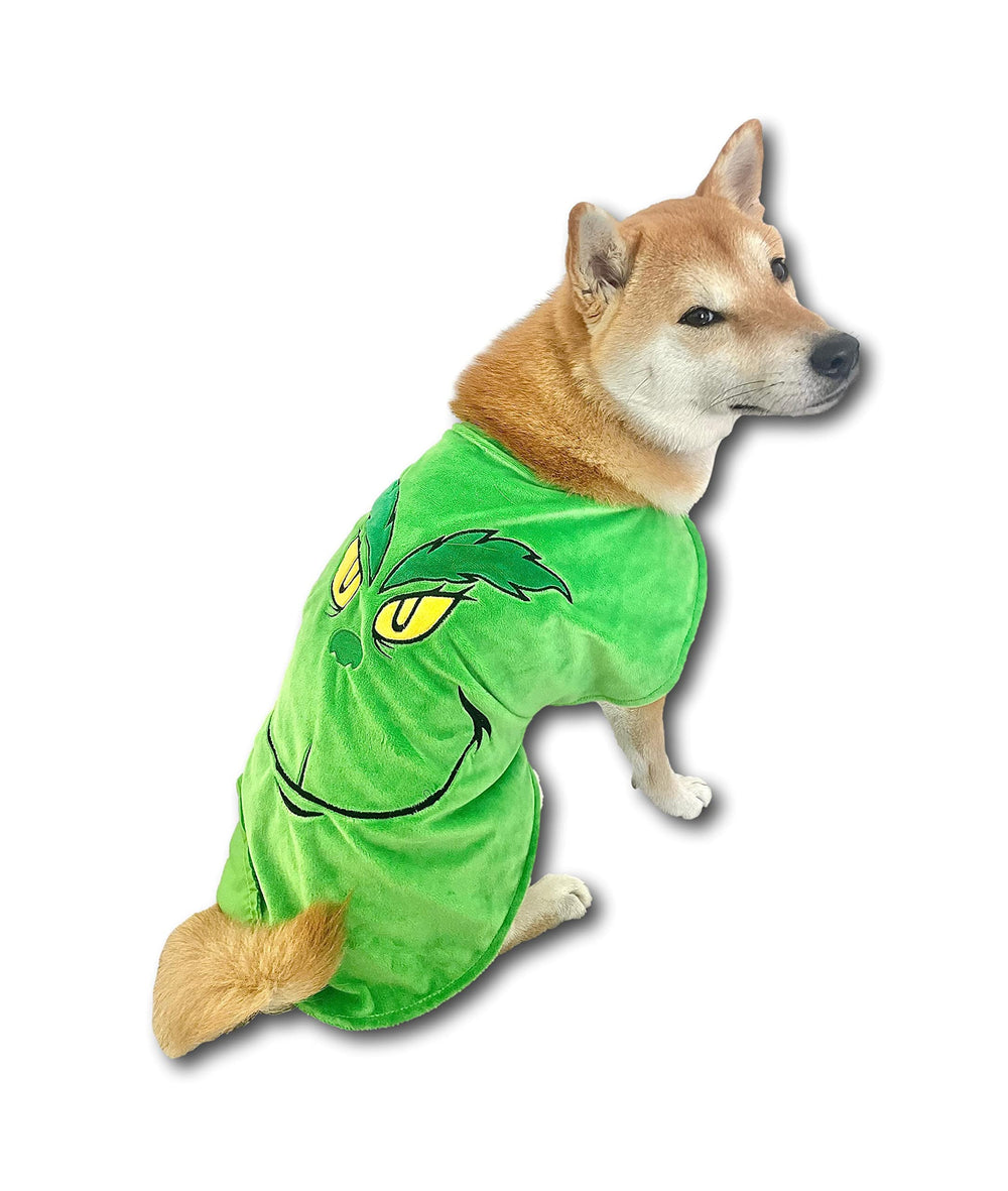 ComfyCamper Green Monster Dog Costume cape front view for festive photos and costume parades.