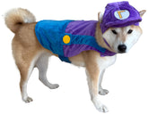 ComfyCamper hat and suspenders dog costume purple-blue front view for Halloween cosplay.