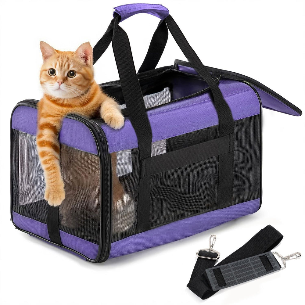 Conlun cat carrier airline-approved purple side view showing travel-ready design