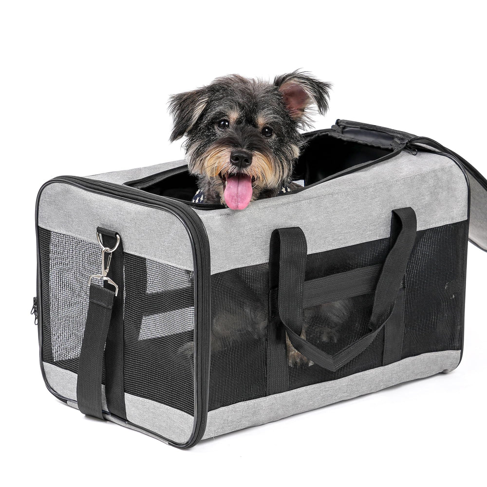 Conlun dog carrier soft-sided gray front view emphasizes portable transport for quick trips