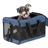 Conlun soft-sided pet carrier blue front view for safe transport.