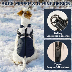 COOHAMS dog winter coat built-in harness illustration for safe leash clipping.