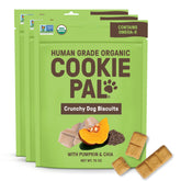 CookiePal Pumpkin Dog Treats packaging highlights organic ingredients and convenient 3-pack.