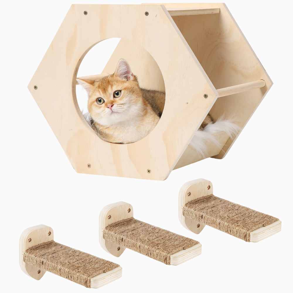 COOLEX KATRIS wall-mounted wood shelves offer space-saving cat storage and climbing fun.