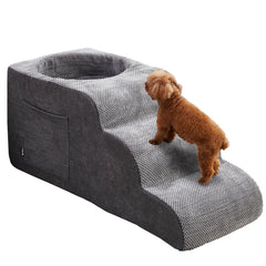 Cooloo8 dog stairs 3-step gray on bed, easing access for small or senior pets.