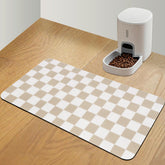 CooRug Checkered Dog Food Mat absorbs spills to keep the feeding area clean.