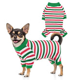 CooShou Christmas dog pajama front view with festive stripes and snug fit for holiday wear.