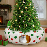 CORALMEE cat tunnel Christmas tree skirt closeup highlights cozy hideaway