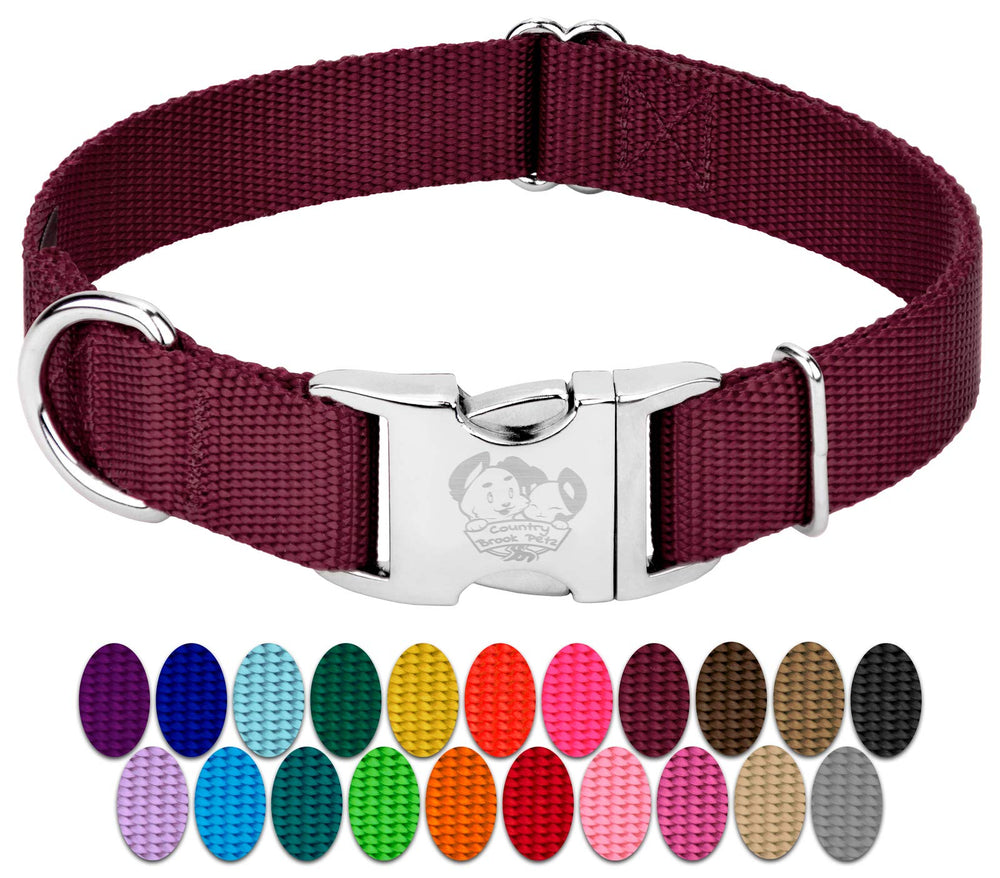Country Brook Petz burgundy collar closeup showing durable nylon and smooth buckle for daily walks.