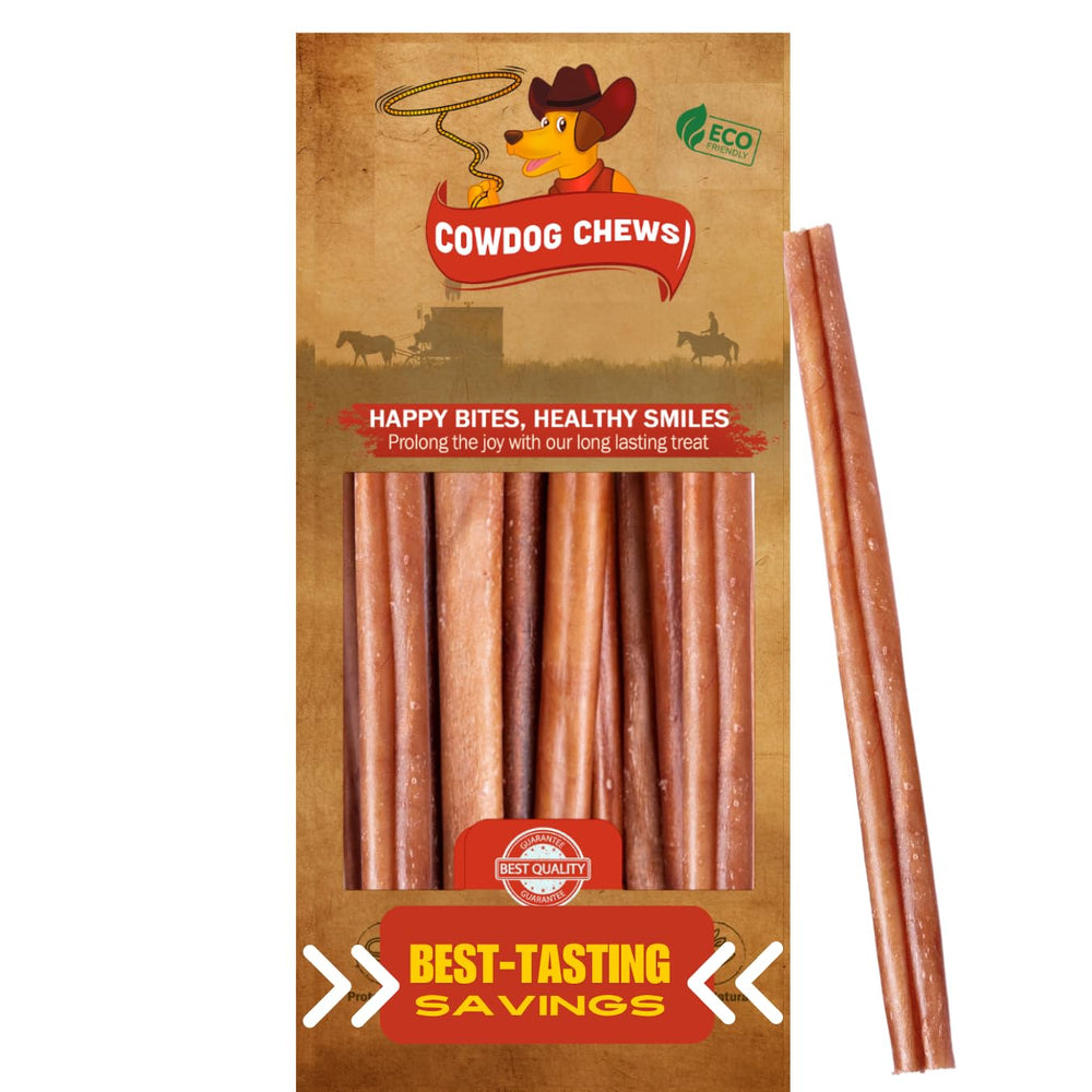 Cowdog Chews beef bully stick 9-12 inch close-up shows durable chew for dogs.