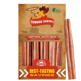 Cowdog Chews Beef Bully Stick packaging reveals odor-free beef chew for all breeds.