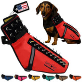 CoyoteVest small red harness front view showing protective spikes for safe outdoor walks.