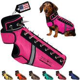 CoyoteVest SpikeVest pink XS on a small dog boosts visibility and safety during walks.