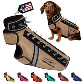 CoyoteVest SpikeVest front view shows dual-strap secure fit for small dogs