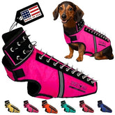 CoyoteVest SpikeVest pink dog harness front view with spikes for protection.