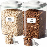 Cozey Daily pop-lid container in action for quick one-handed access to pet food.