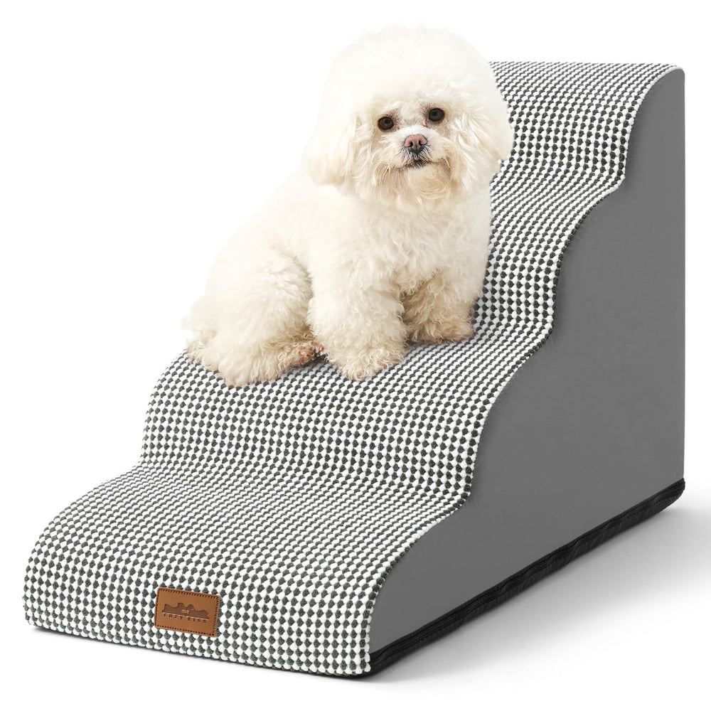 COZY KISS dog stairs curved design shown, supports small dogs safely on sofas.