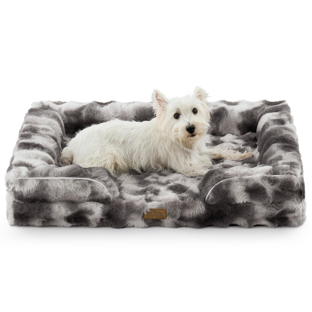 COZY KISS orthopedic dog bed in tie-dye grey with plush fur for warm comfort.