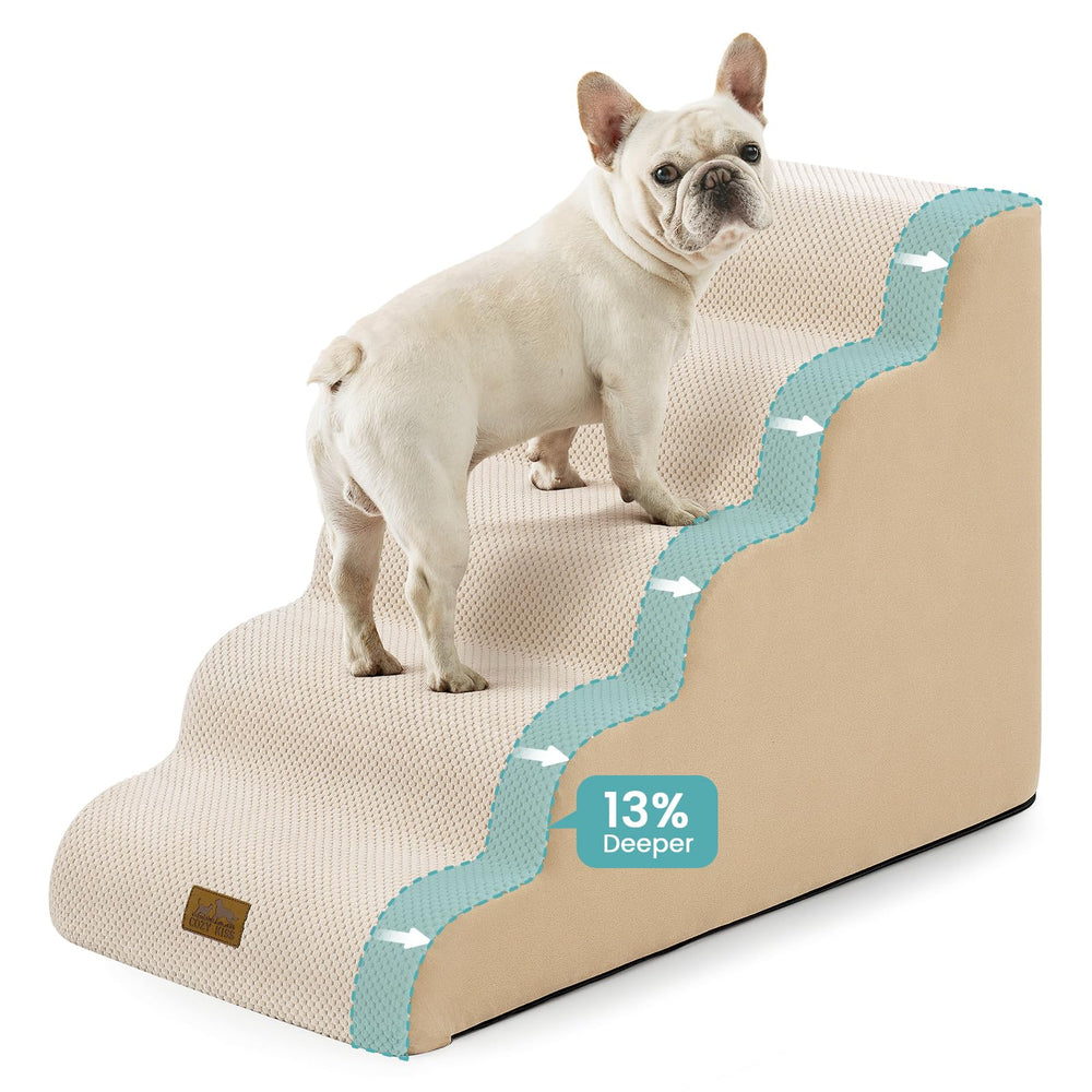 COZY KISS Wide Dog Stairs fully assembled beside a bed, highlighting generous width for easier access.