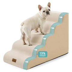 COZY KISS Wide Dog Stairs fully assembled beside a bed, highlighting generous width for easier access.