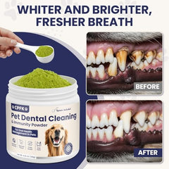 CPFK dog dental powder sprinkled on food for a no-brush routine