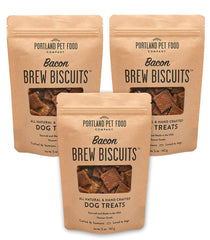 Crafted by Humans Brew Biscuit bacon pack-shot highlighting natural ingredients for dogs.