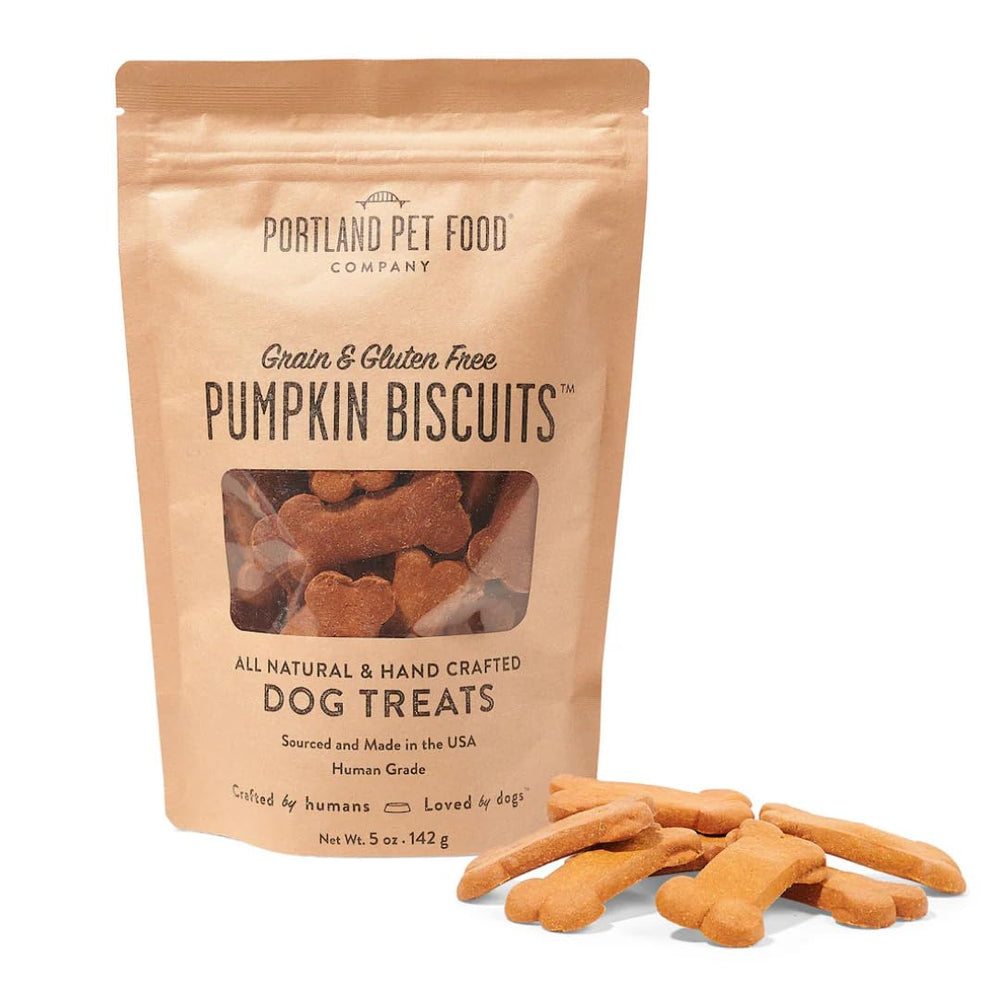 Crafted by Humans Loved by Dogs pumpkin dog treats packaging shows USA-made quality and grain-free promise
