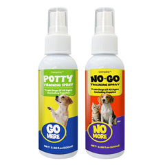 Creimpdoty potty spray bottle close-up aiding fast, targeted elimination guidance for dogs.
