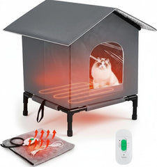 CroBlissful Elevated Heated Cat House front view shows weatherproof design for outdoor warmth.