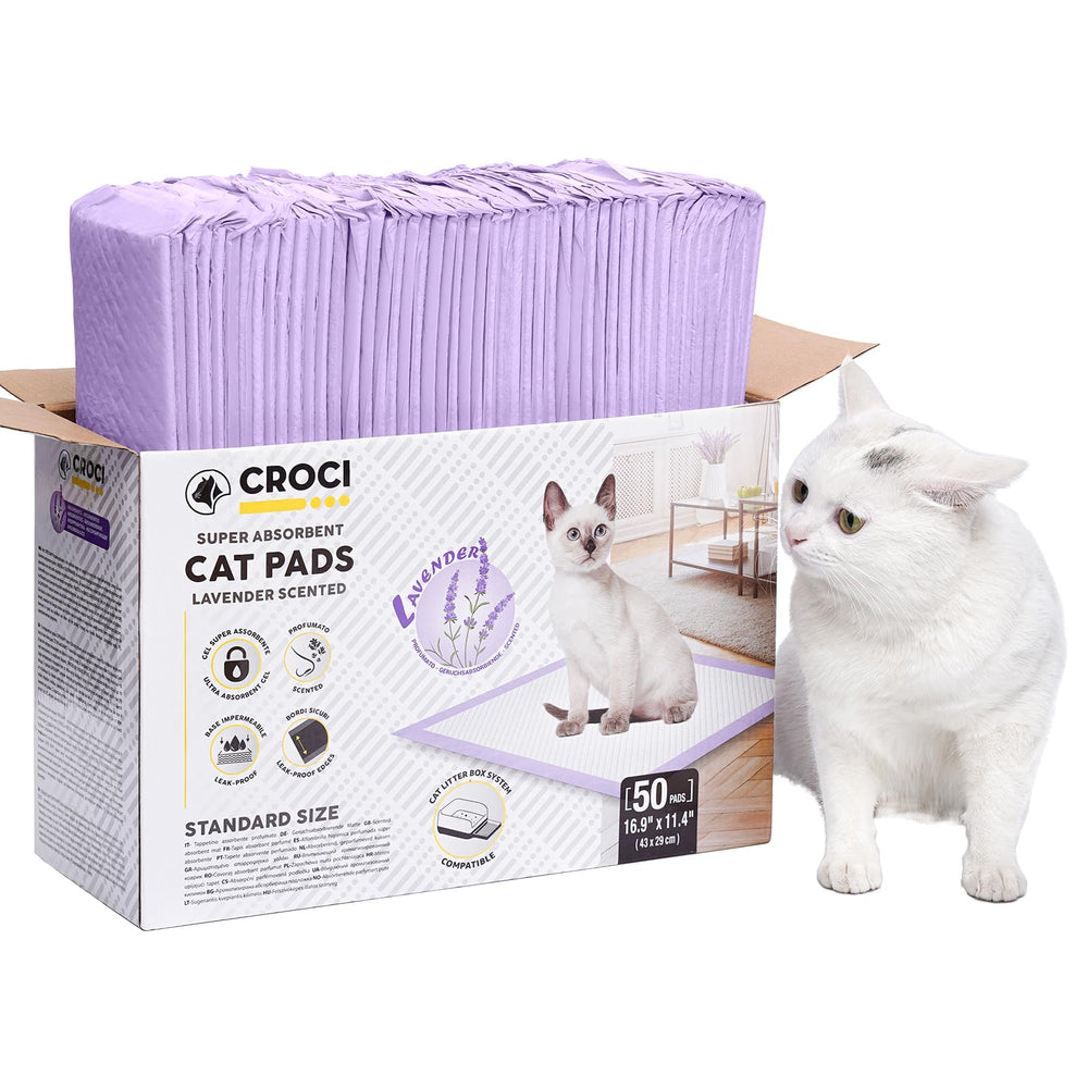 Croci cat pads packaging shows ready-to-use litter pads with lavender scent for Breeze System.