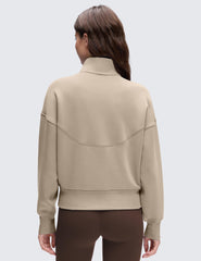 CRZ YOGA SoftAura funnel neck close-up showing plush peach fuzz texture for warmth