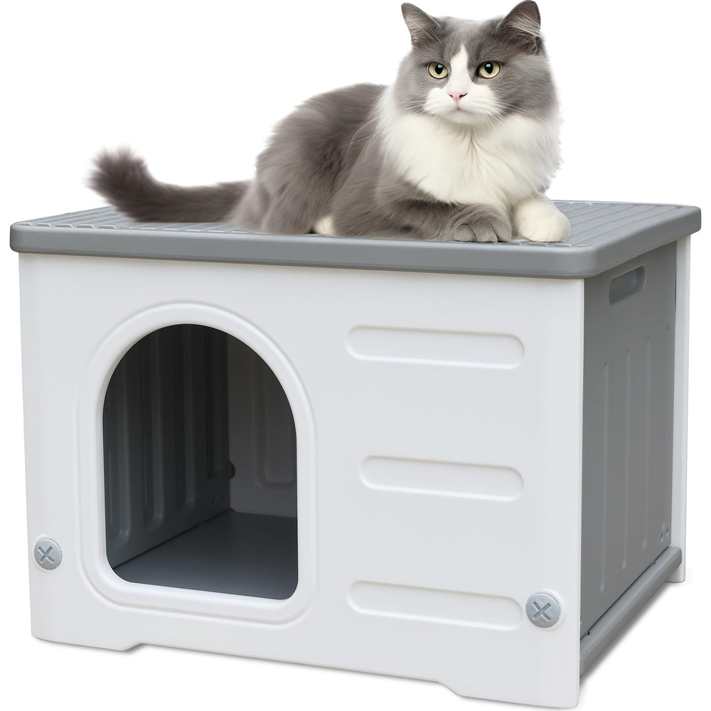 CSQOO plastic cat house exterior with arched door protects feral cats from rain
