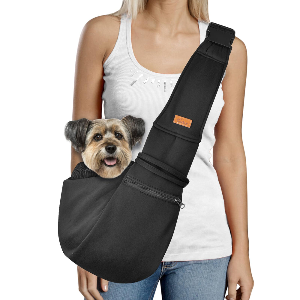 Cuby sling carrier shows adjustable strap for secure, comfortable wear on daily walks.